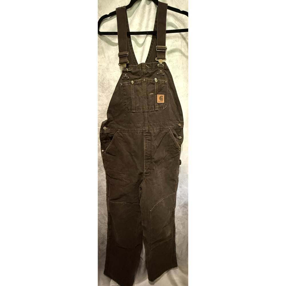 Carhartt Bib Overalls Mens 38x32 Double Knee R27 DKB Duck Quilt Insulated Brown
